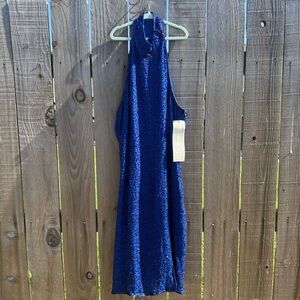 New Laurence Kazar Royal Blue Halter Beads Silk Midi Dress